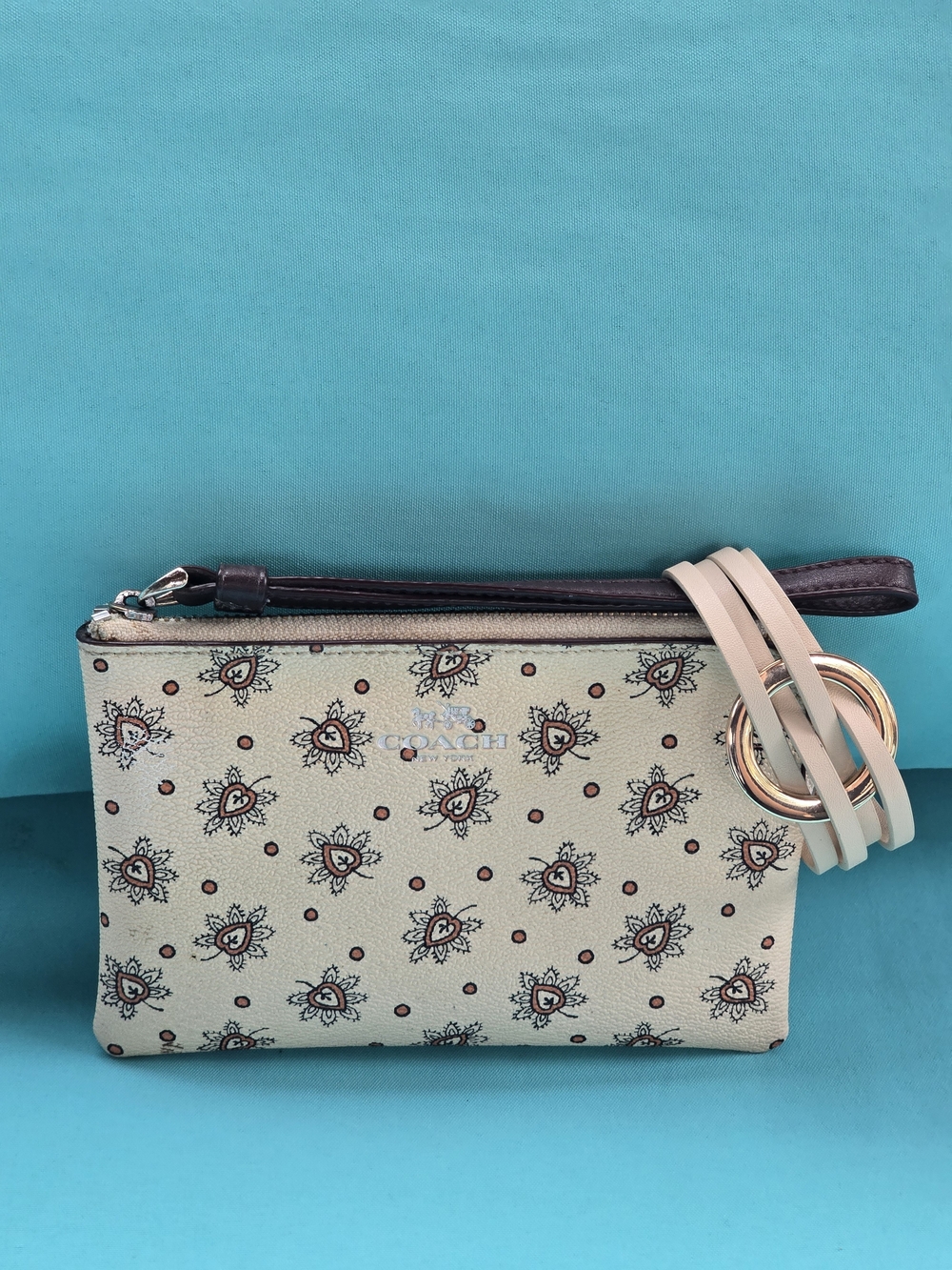 Coach Beige Floral Print Wristlet With Bracelet Bundle
